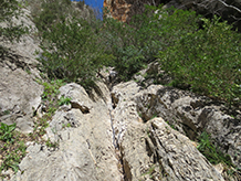 Después de una curva cerrada a la izquierda llegamos a una torrentera. Si la remontamos arriba, podemos visitar la cueva Colomera.